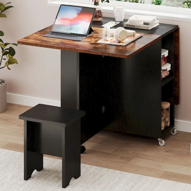 Moasis Modern Folding Dining Set with 6 Wheels Drop Leaf Table and Storage Stools