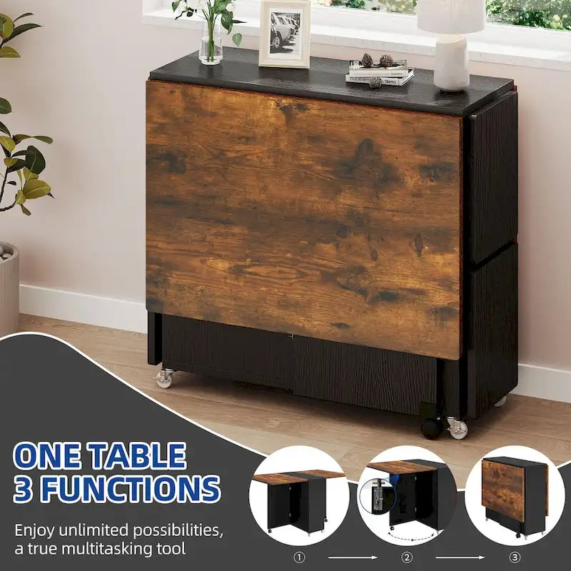 Moasis Modern Folding Dining Set with 6 Wheels Drop Leaf Table and Storage Stools