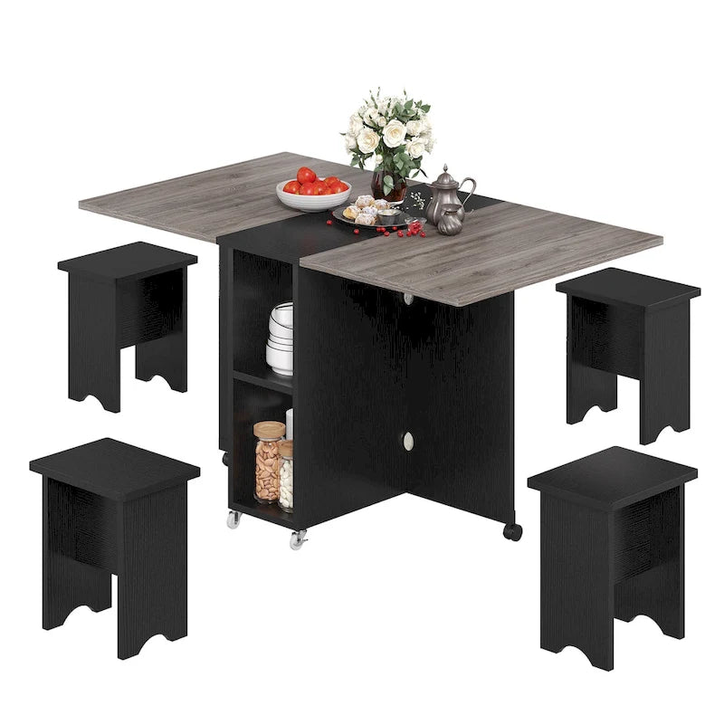 Moasis Modern Folding Dining Set with 6 Wheels Drop Leaf Table and Storage Stools