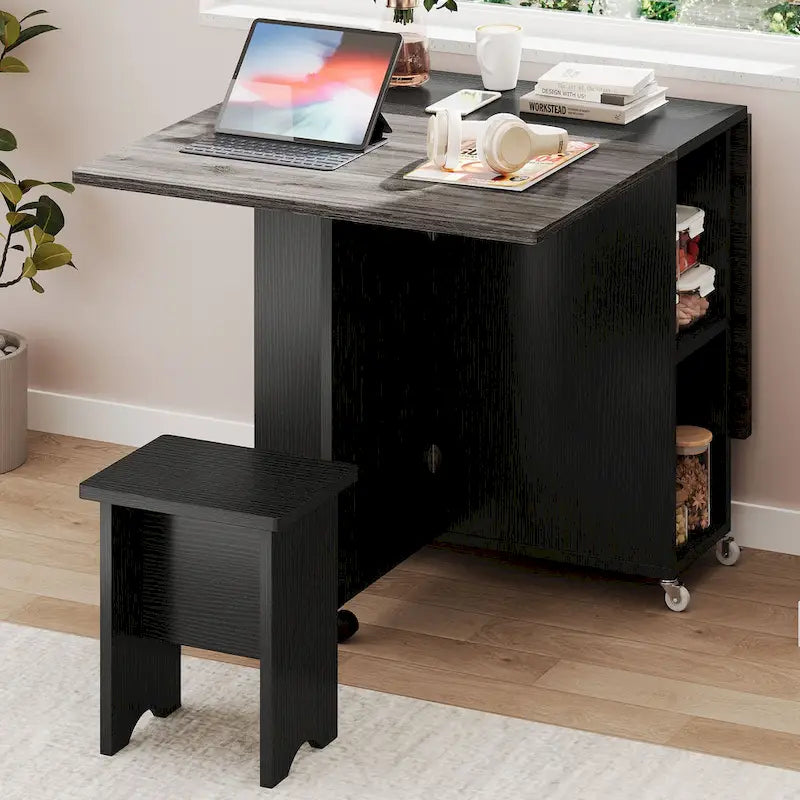 Moasis Modern Folding Dining Set with 6 Wheels Drop Leaf Table and Storage Stools