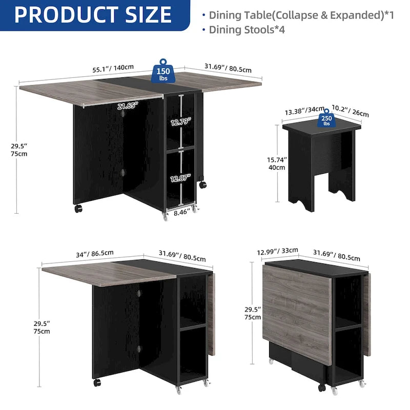 Moasis Modern Folding Dining Set with 6 Wheels Drop Leaf Table and Storage Stools
