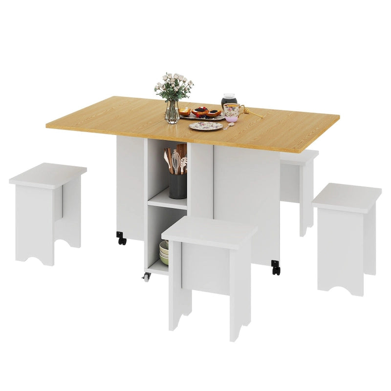 Moasis Modern Folding Dining Set with 6 Wheels Drop Leaf Table and Storage Stools