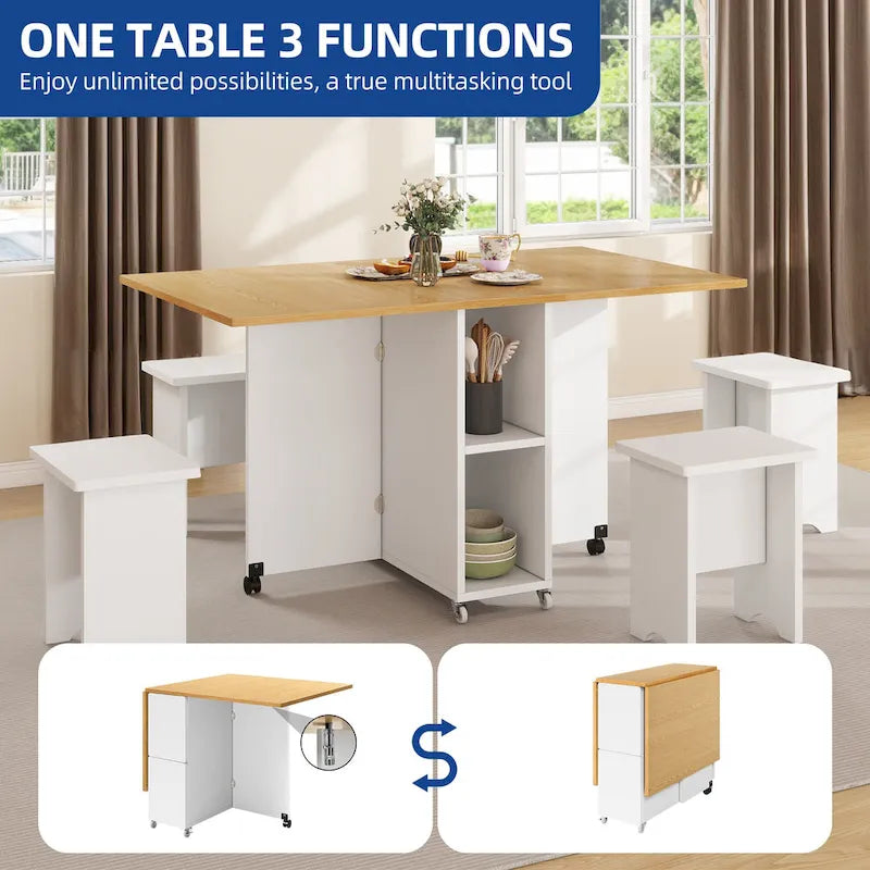 Moasis Modern Folding Dining Set with 6 Wheels Drop Leaf Table and Storage Stools