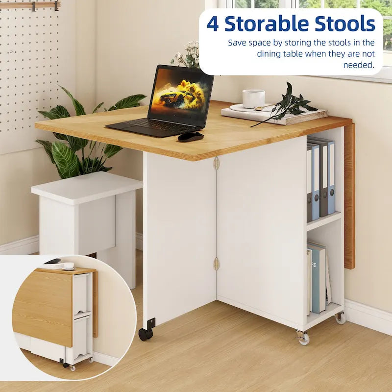 Moasis Modern Folding Dining Set with 6 Wheels Drop Leaf Table and Storage Stools