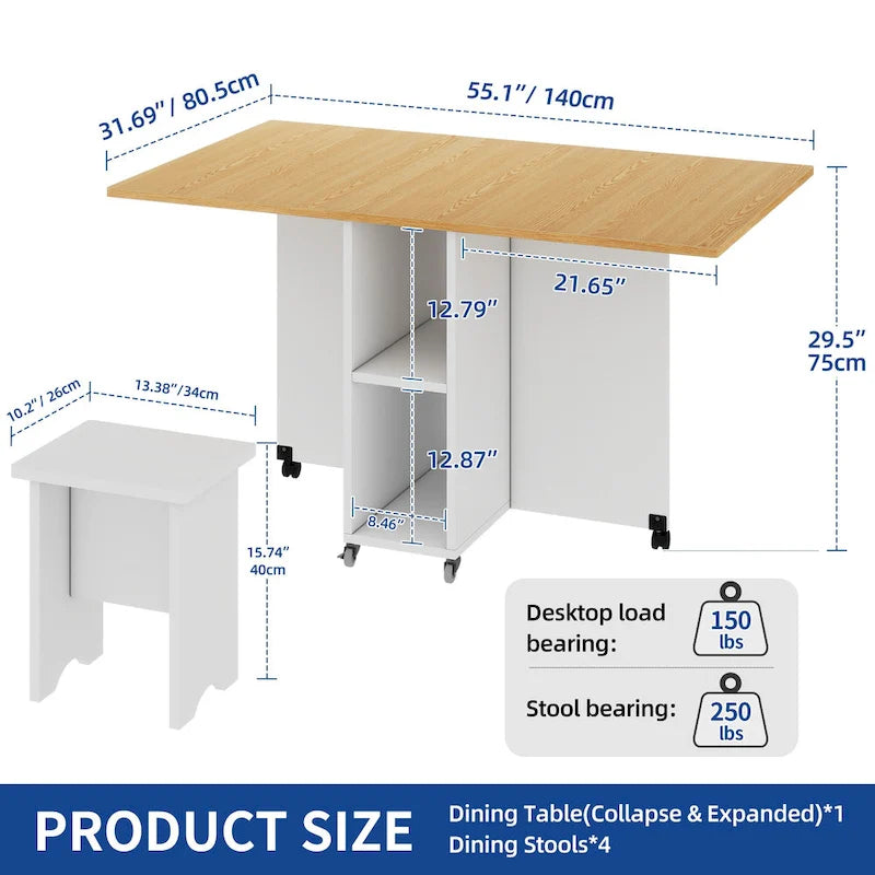 Moasis Modern Folding Dining Set with 6 Wheels Drop Leaf Table and Storage Stools