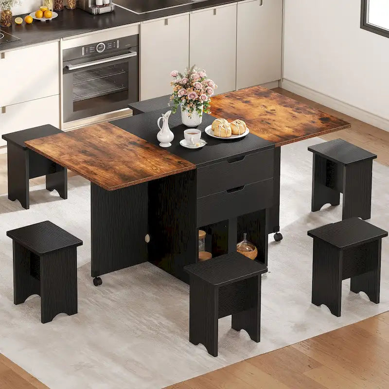 Moasis Modern Folding Dining Set with 6 Wheels Drop Leaf Table and Storage Stools