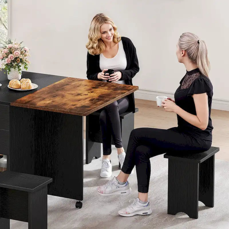 Moasis Modern Folding Dining Set with 6 Wheels Drop Leaf Table and Storage Stools