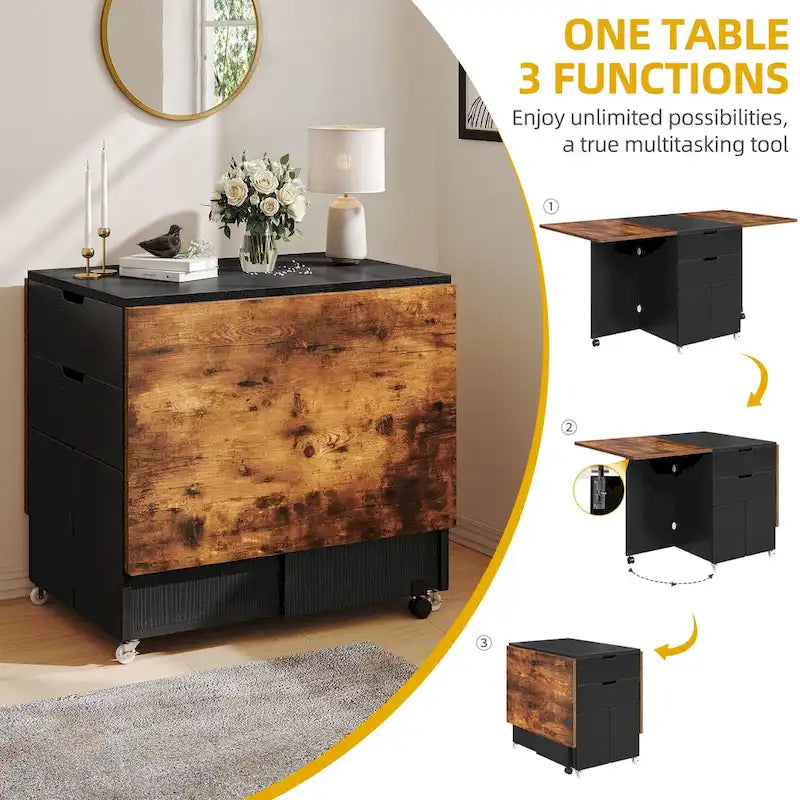Moasis Modern Folding Dining Set with 6 Wheels Drop Leaf Table and Storage Stools