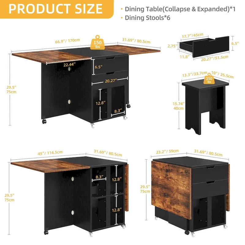 Moasis Modern Folding Dining Set with 6 Wheels Drop Leaf Table and Storage Stools