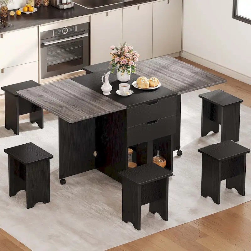 Moasis Modern Folding Dining Set with 6 Wheels Drop Leaf Table and Storage Stools