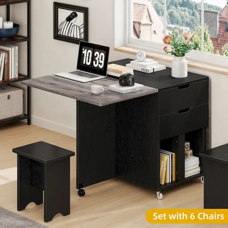 Moasis Modern Folding Dining Set with 6 Wheels Drop Leaf Table and Storage Stools