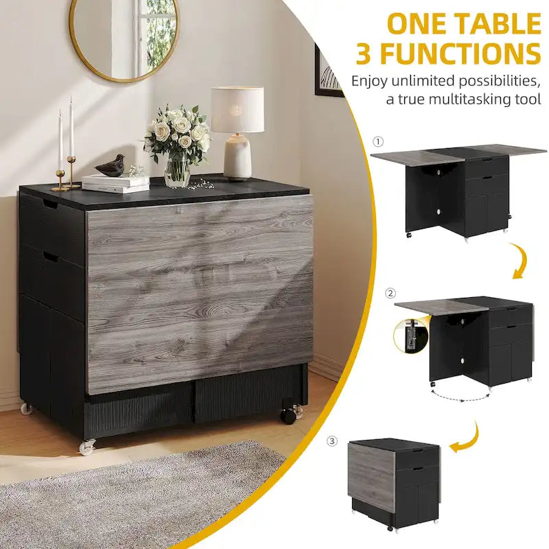 Moasis Modern Folding Dining Set with 6 Wheels Drop Leaf Table and Storage Stools