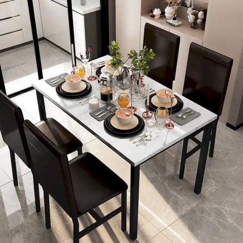 5 - Piece Dining Set, Faux Marble Kitchen Table & Chair Set, 4 Espresso Faux Leather Metal Frame Chairs for Home, Breakfast Nook