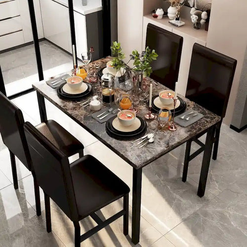 5 - Piece Dining Set, Faux Marble Kitchen Table & Chair Set, 4 Espresso Faux Leather Metal Frame Chairs for Home, Breakfast Nook