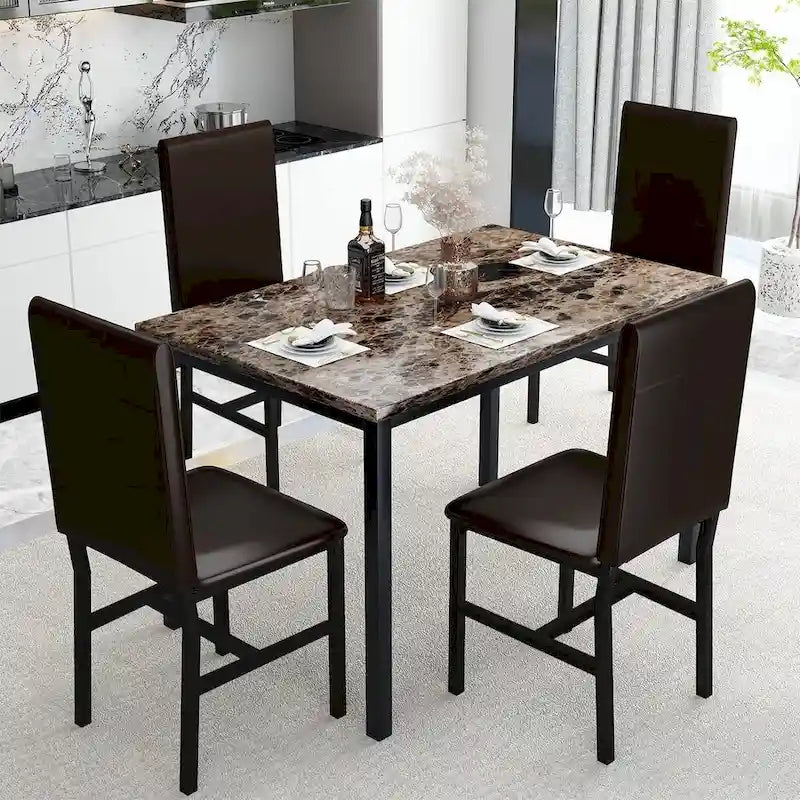 5 - Piece Dining Set, Faux Marble Kitchen Table & Chair Set, 4 Espresso Faux Leather Metal Frame Chairs for Home, Breakfast Nook
