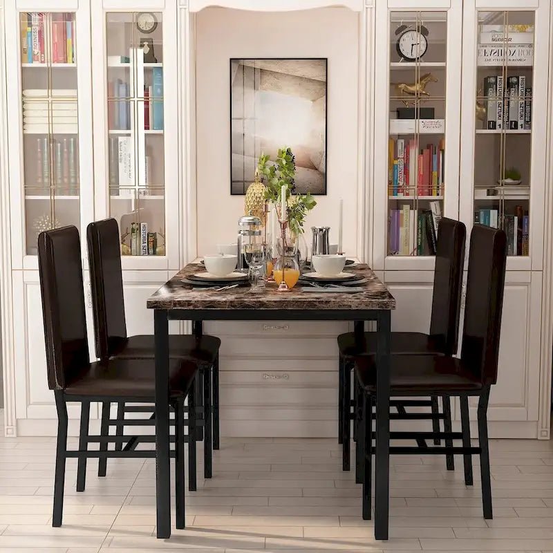 5 - Piece Dining Set, Faux Marble Kitchen Table & Chair Set, 4 Espresso Faux Leather Metal Frame Chairs for Home, Breakfast Nook