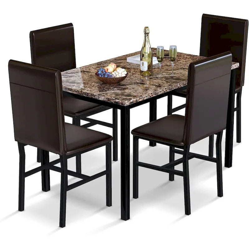 5 - Piece Dining Set, Faux Marble Kitchen Table & Chair Set, 4 Espresso Faux Leather Metal Frame Chairs for Home, Breakfast Nook