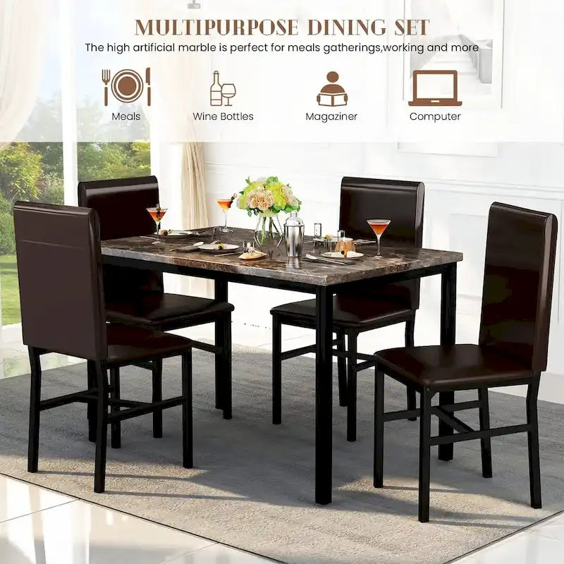 5 - Piece Dining Set, Faux Marble Kitchen Table & Chair Set, 4 Espresso Faux Leather Metal Frame Chairs for Home, Breakfast Nook
