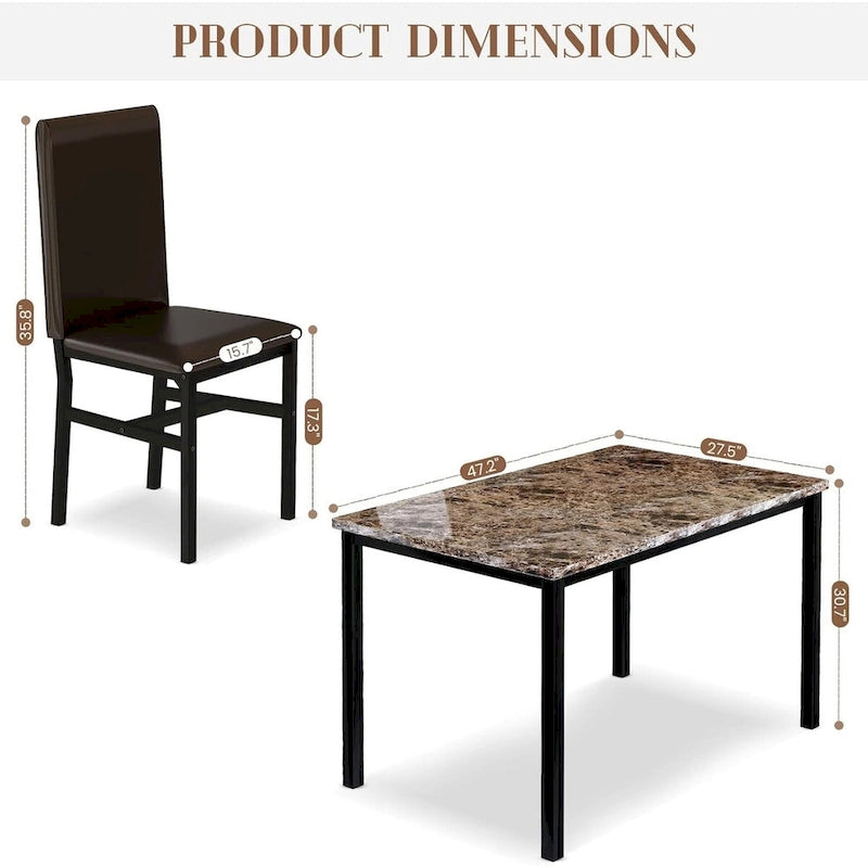5 - Piece Dining Set, Faux Marble Kitchen Table & Chair Set, 4 Espresso Faux Leather Metal Frame Chairs for Home, Breakfast Nook