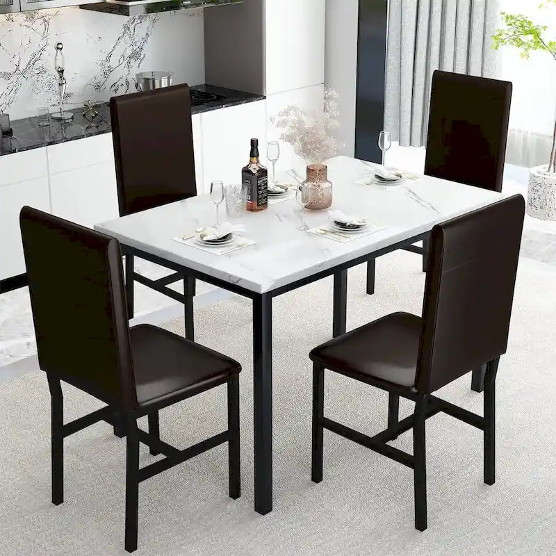 5 - Piece Dining Set, Faux Marble Kitchen Table & Chair Set, 4 Espresso Faux Leather Metal Frame Chairs for Home, Breakfast Nook
