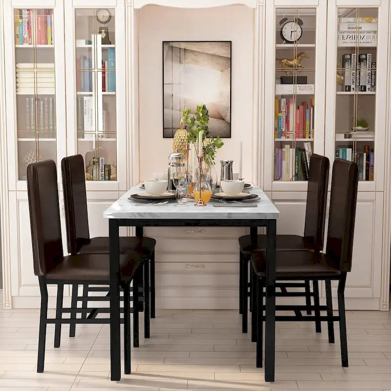 5 - Piece Dining Set, Faux Marble Kitchen Table & Chair Set, 4 Espresso Faux Leather Metal Frame Chairs for Home, Breakfast Nook