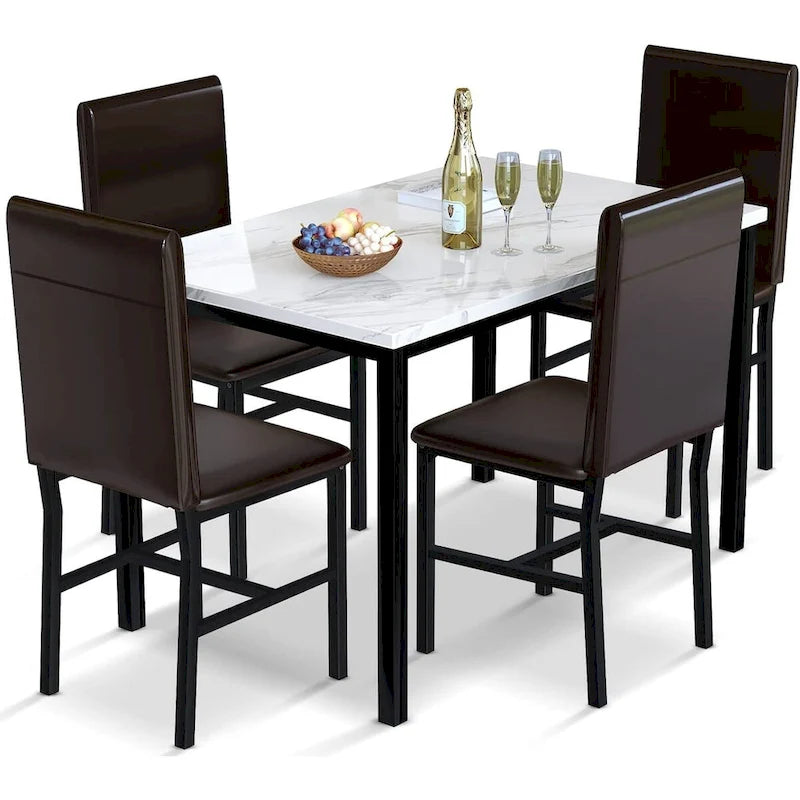 5 - Piece Dining Set, Faux Marble Kitchen Table & Chair Set, 4 Espresso Faux Leather Metal Frame Chairs for Home, Breakfast Nook