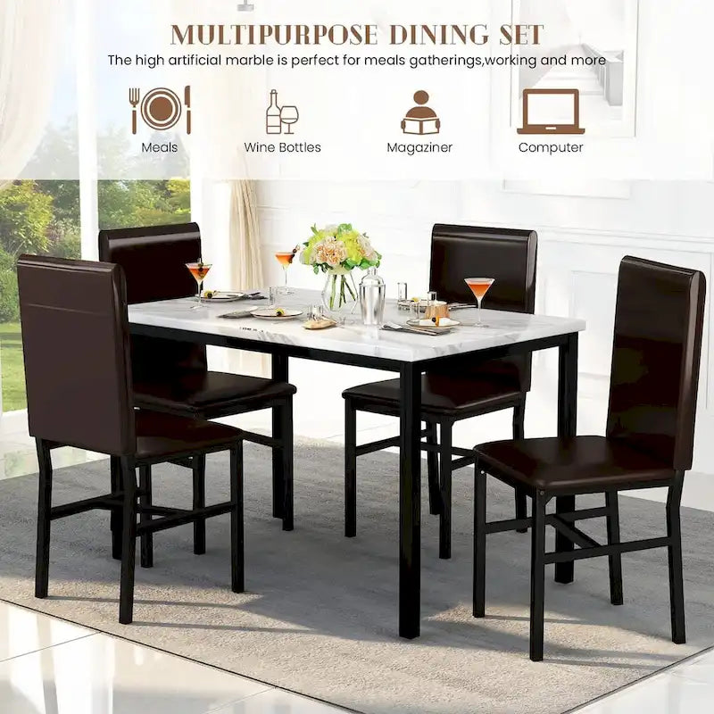 5 - Piece Dining Set, Faux Marble Kitchen Table & Chair Set, 4 Espresso Faux Leather Metal Frame Chairs for Home, Breakfast Nook