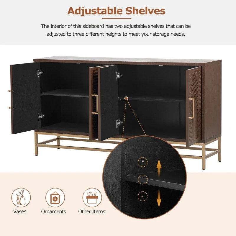 Retro Style Sideboard with Adjustable Shelves, Rectangular Metal Handles and Legs for Kitchen, Living room, and Dining Room