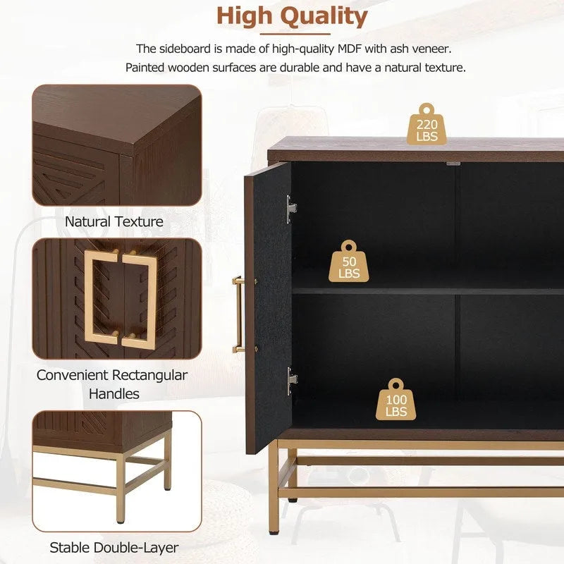 Retro Style Sideboard with Adjustable Shelves, Rectangular Metal Handles and Legs for Kitchen, Living room, and Dining Room