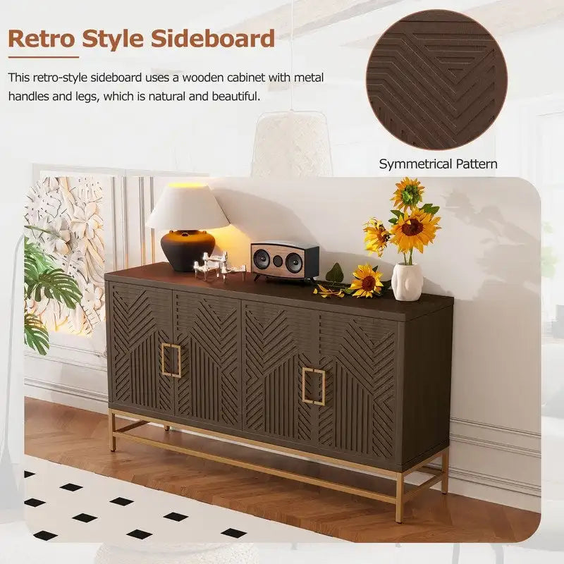 Retro Style Sideboard with Adjustable Shelves, Rectangular Metal Handles and Legs for Kitchen, Living room, and Dining Room