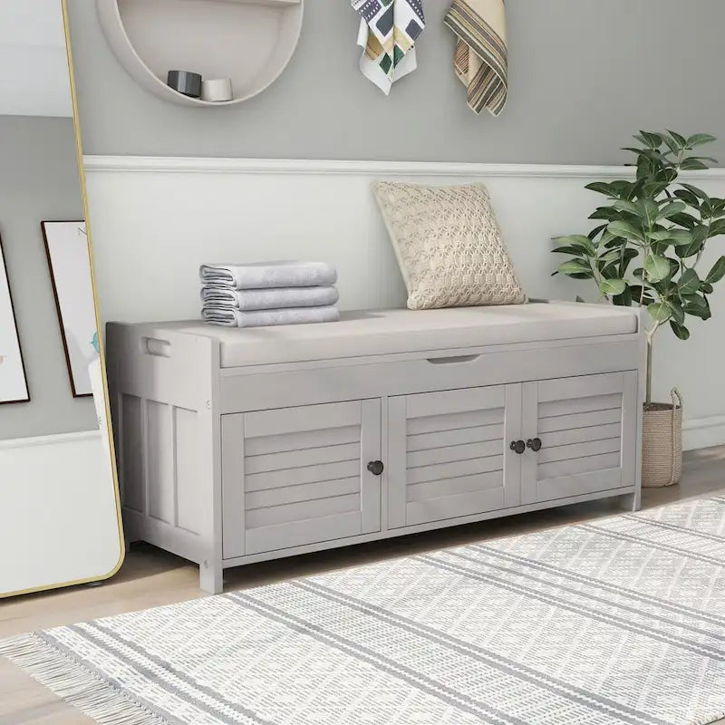 Storage Bench with 3 Doors Shoe Bench with Removable Cushion