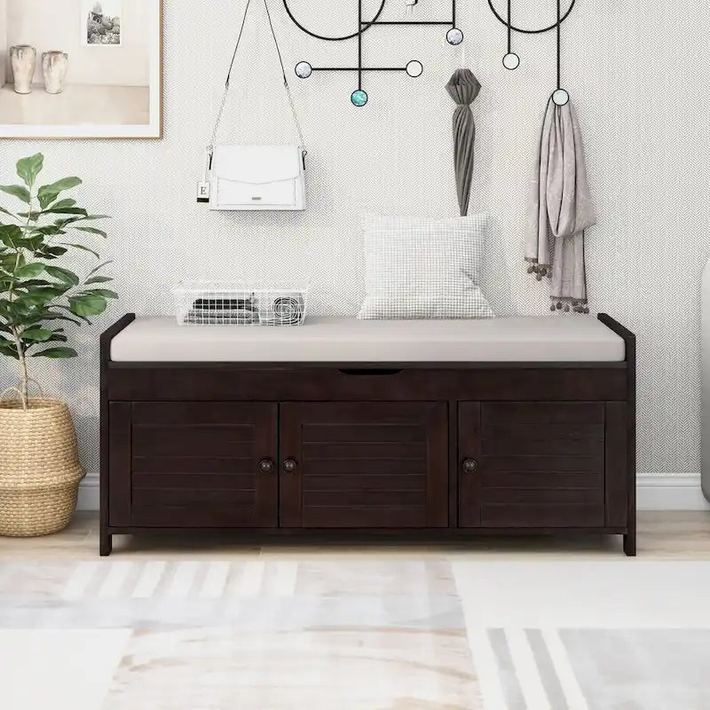 Storage Bench with 3 Doors Shoe Bench with Removable Cushion