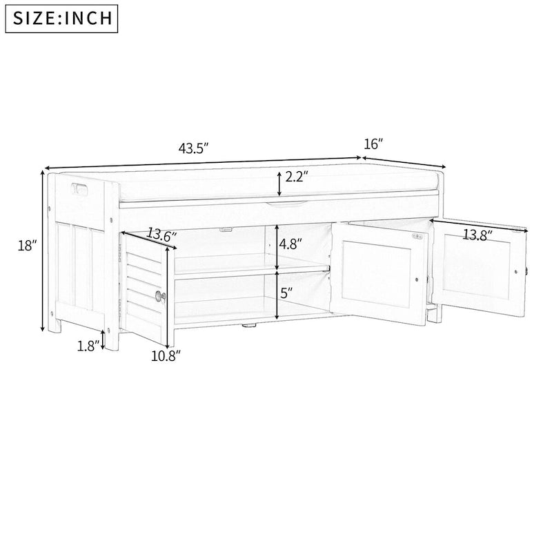 Storage Bench with 3 Doors Shoe Bench with Removable Cushion