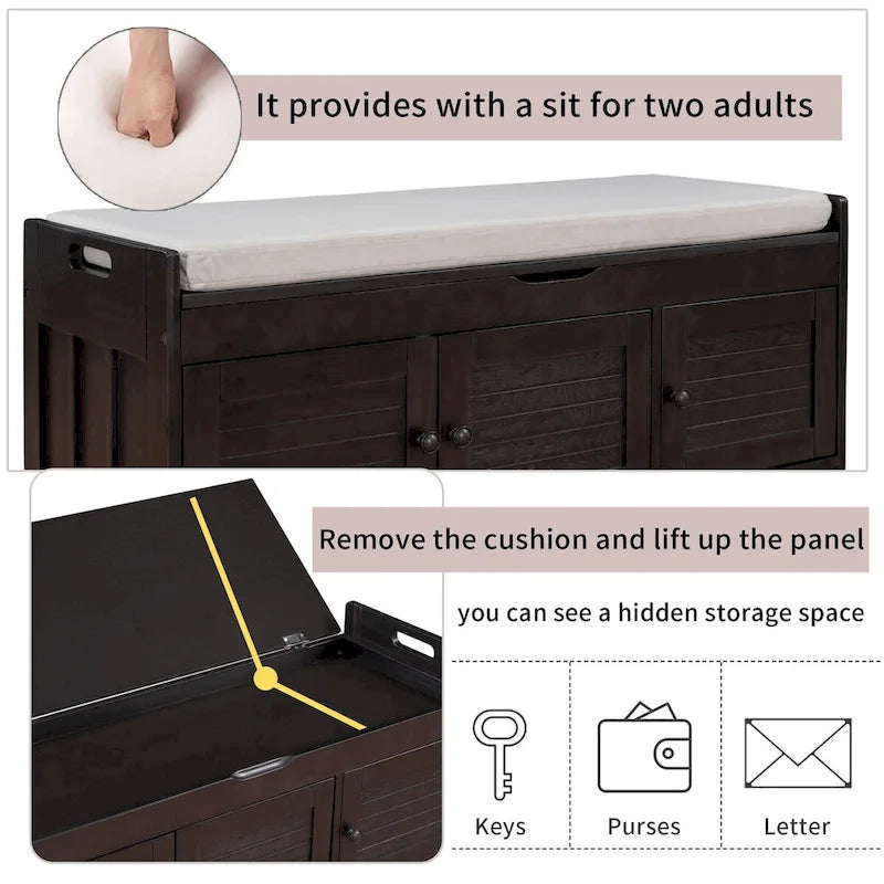 Storage Bench with 3 Doors Shoe Bench with Removable Cushion