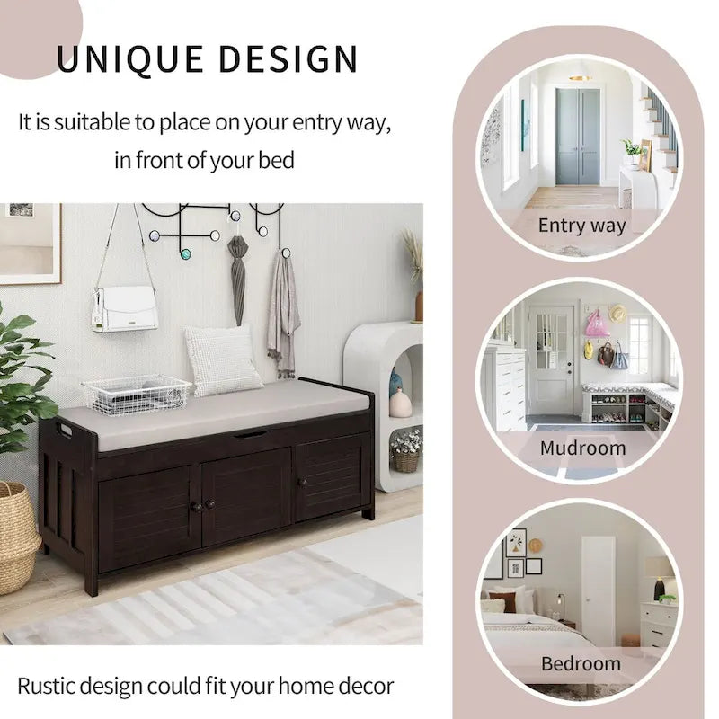 Storage Bench with 3 Doors Shoe Bench with Removable Cushion