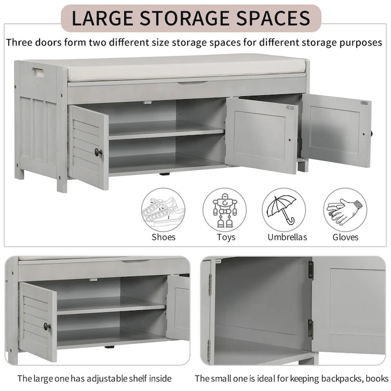 Storage Bench with 3 Doors Shoe Bench with Removable Cushion