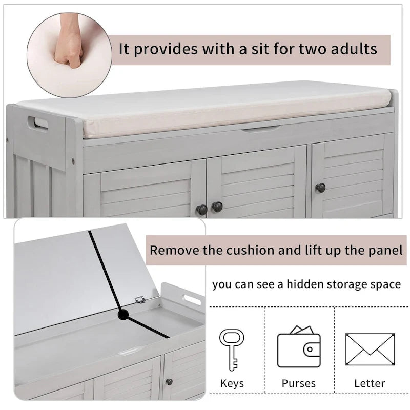 Storage Bench with 3 Doors Shoe Bench with Removable Cushion