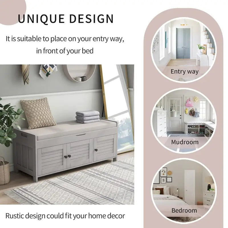 Storage Bench with 3 Doors Shoe Bench with Removable Cushion