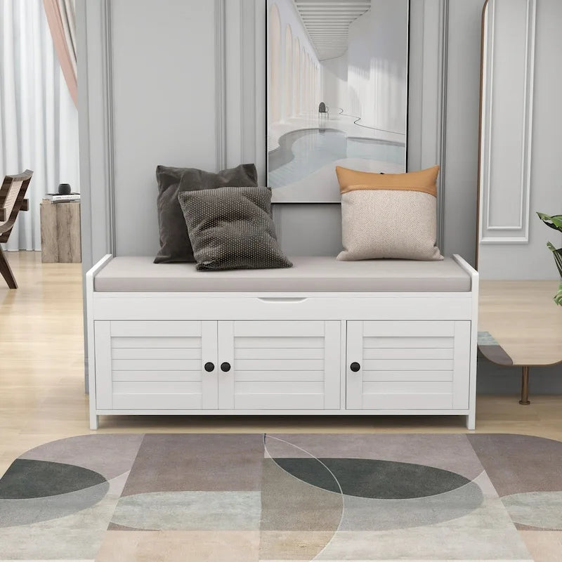 Storage Bench with 3 Doors Shoe Bench with Removable Cushion