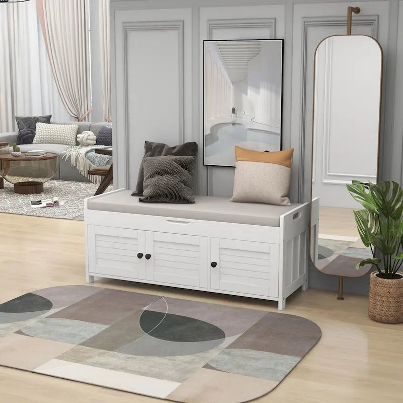 Storage Bench with 3 Doors Shoe Bench with Removable Cushion