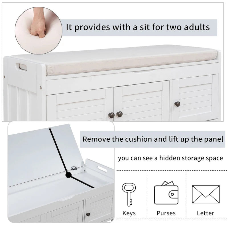Storage Bench with 3 Doors Shoe Bench with Removable Cushion