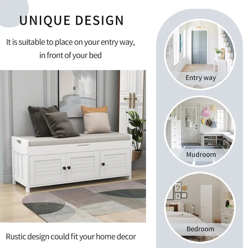 Storage Bench with 3 Doors Shoe Bench with Removable Cushion