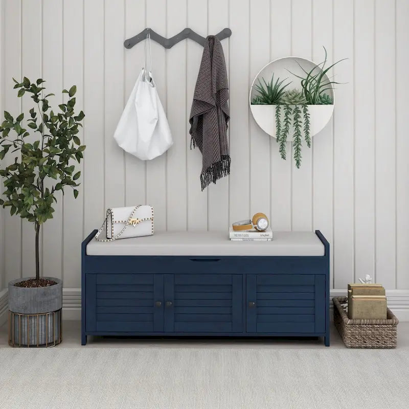 Storage Bench with 3 Doors Shoe Bench with Removable Cushion
