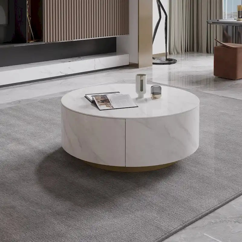Modern Round Coffee Table with 2 Drawers, Sintered Stone Tabletop and Golden Base