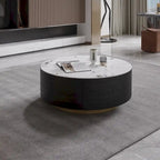 Modern Round Coffee Table with 2 Drawers, Sintered Stone Tabletop and Golden Base
