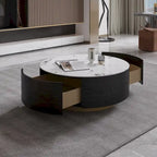 Modern Round Coffee Table with 2 Drawers, Sintered Stone Tabletop and Golden Base