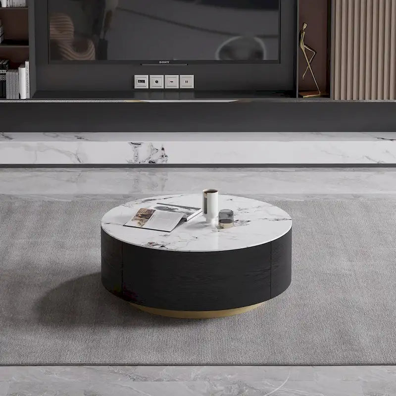 Modern Round Coffee Table with 2 Drawers, Sintered Stone Tabletop and Golden Base