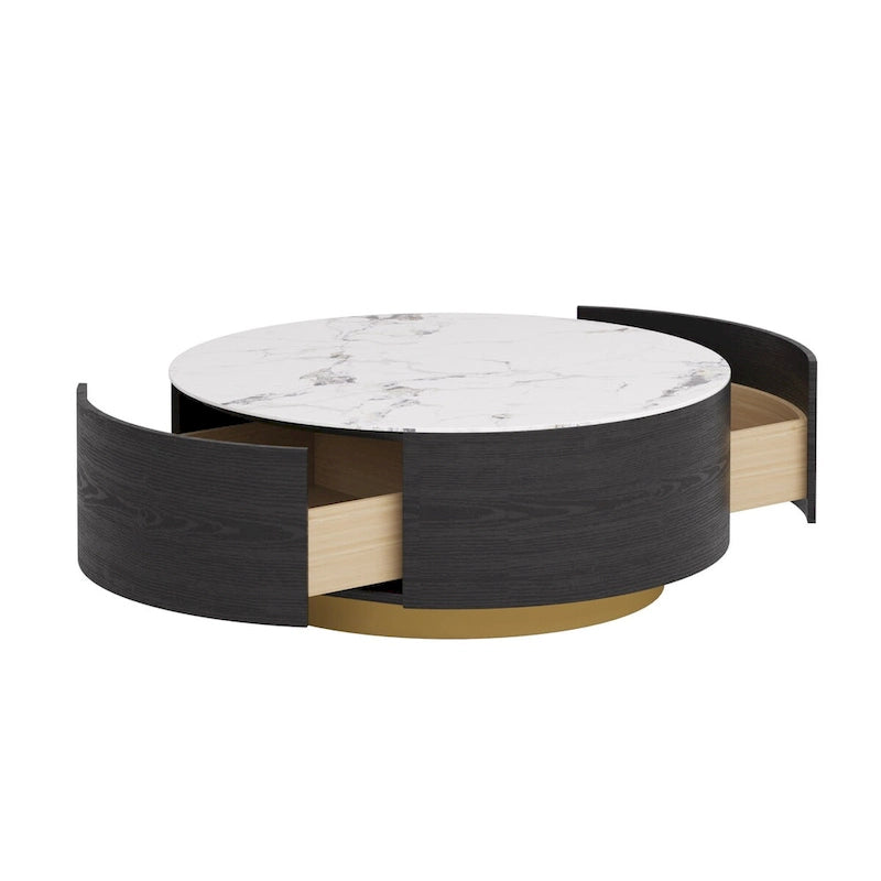 Modern Round Coffee Table with 2 Drawers, Sintered Stone Tabletop and Golden Base