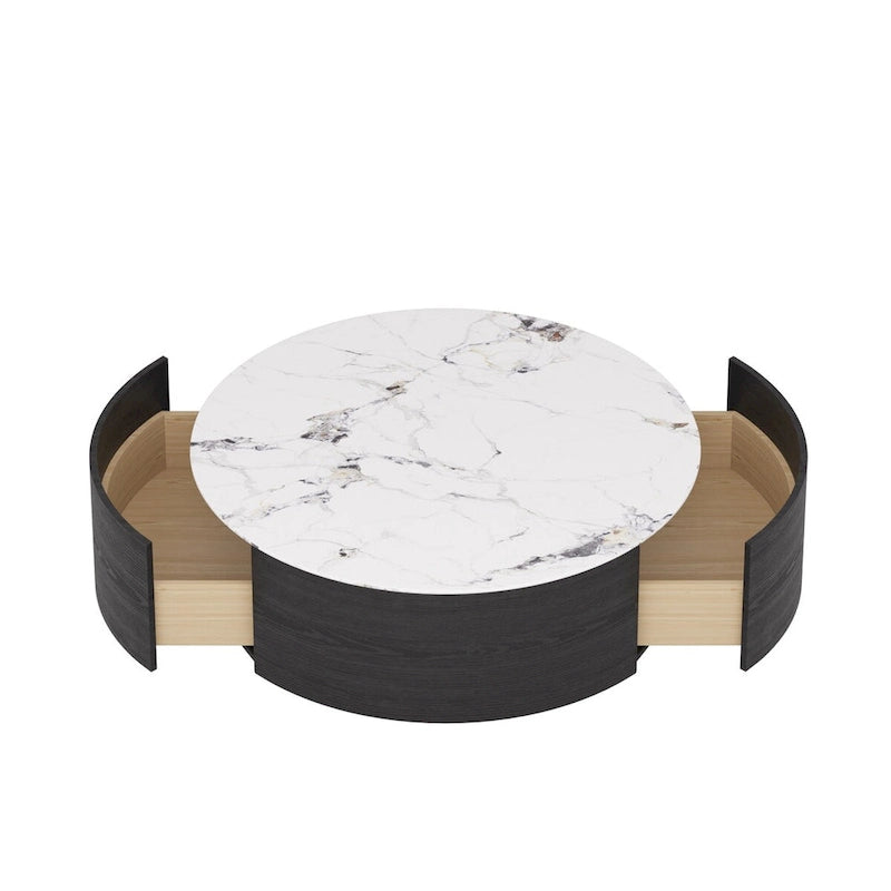Modern Round Coffee Table with 2 Drawers, Sintered Stone Tabletop and Golden Base