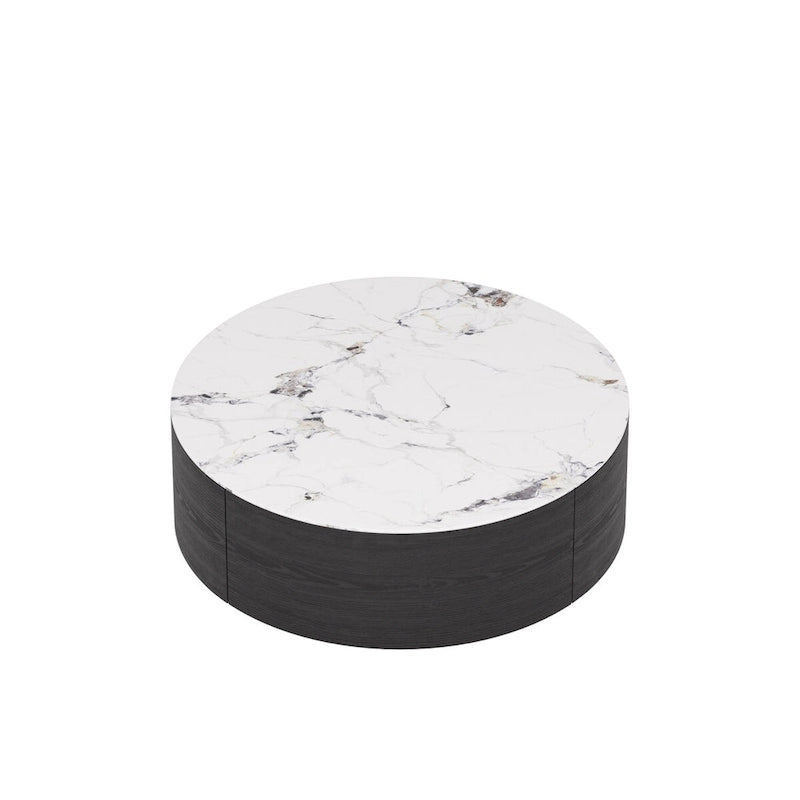 Modern Round Coffee Table with 2 Drawers, Sintered Stone Tabletop and Golden Base